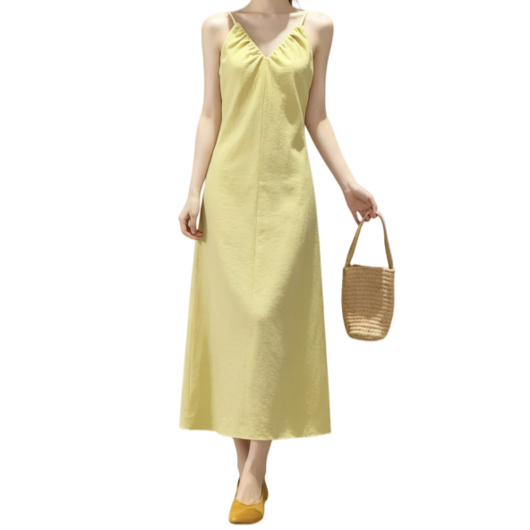 REINAREA | Women Summer Yellow Spaghetti Strap Midi Dress | Vacation Elegant V-Neck Backless Flowy Slip Dress