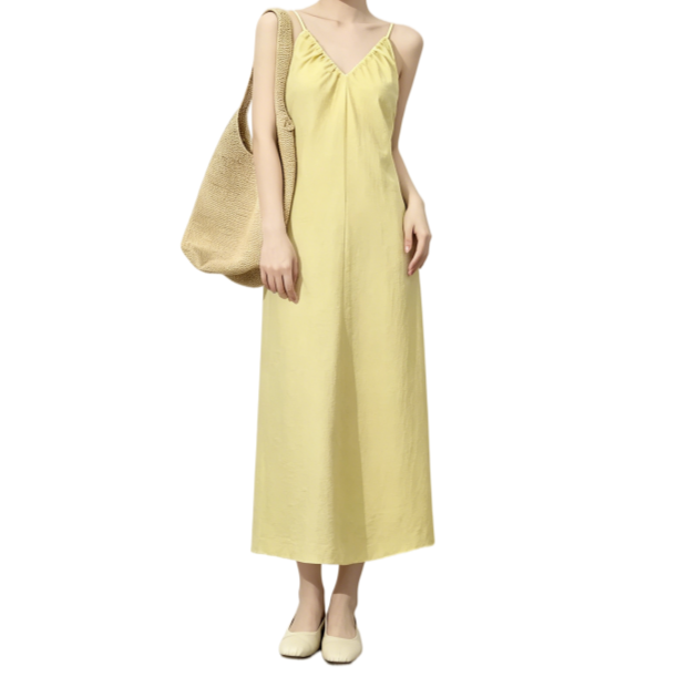 REINAREA | Women Summer Yellow Spaghetti Strap Midi Dress | Vacation Elegant V-Neck Backless Flowy Slip Dress