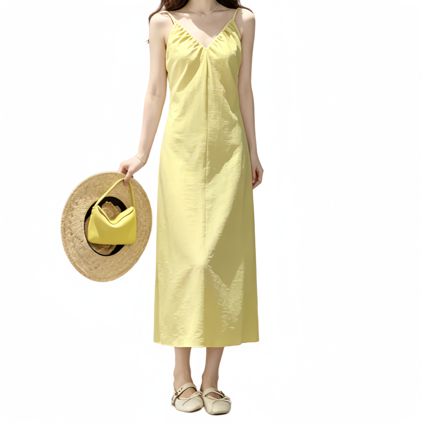 REINAREA | Women Summer Yellow Spaghetti Strap Midi Dress | Vacation Elegant V-Neck Backless Flowy Slip Dress