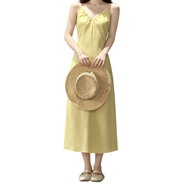 REINAREA | Women Summer Yellow Spaghetti Strap Midi Dress | Vacation Elegant V-Neck Backless Flowy Slip Dress