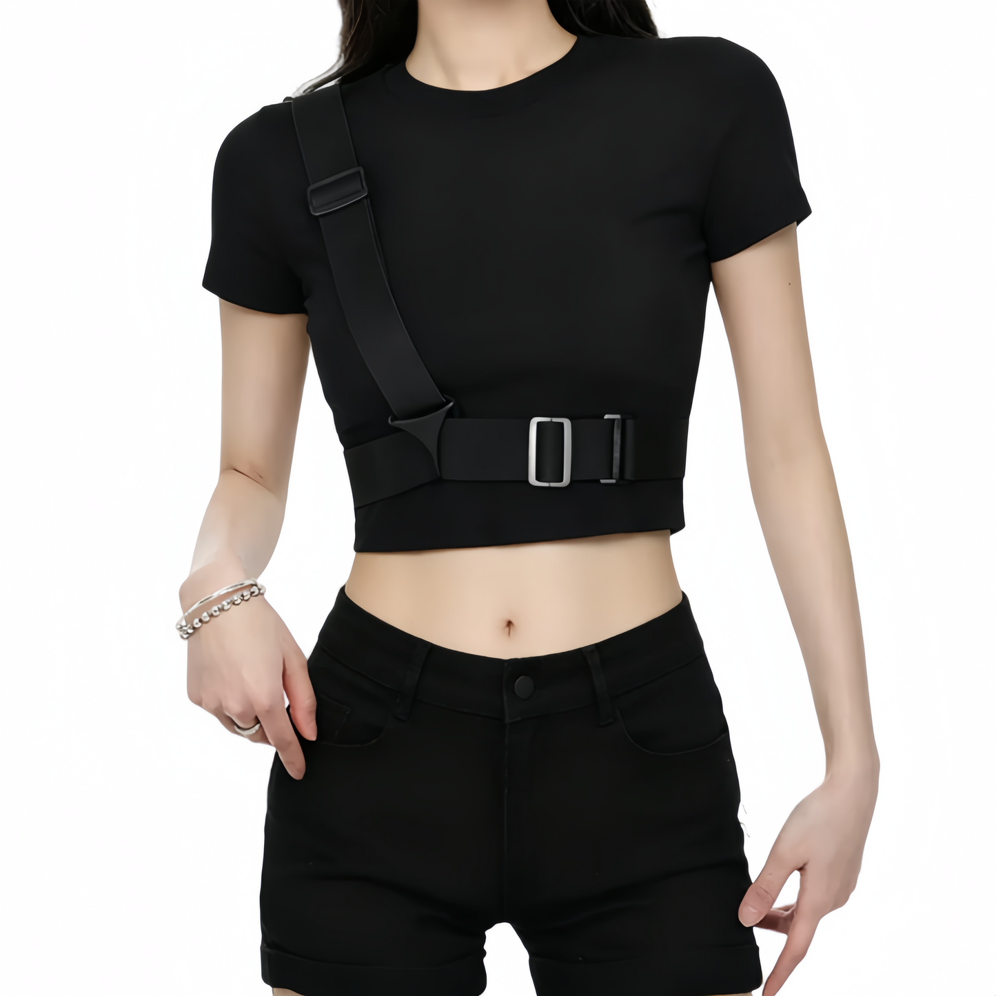 REINAREA | Women's Techwear Harness Crop Top | Cool Buckle Strap Short Sleeve Slim Fit Cropped T-Shirt | Edgy Streetwear Y2K Grunge Tee for Dance Club