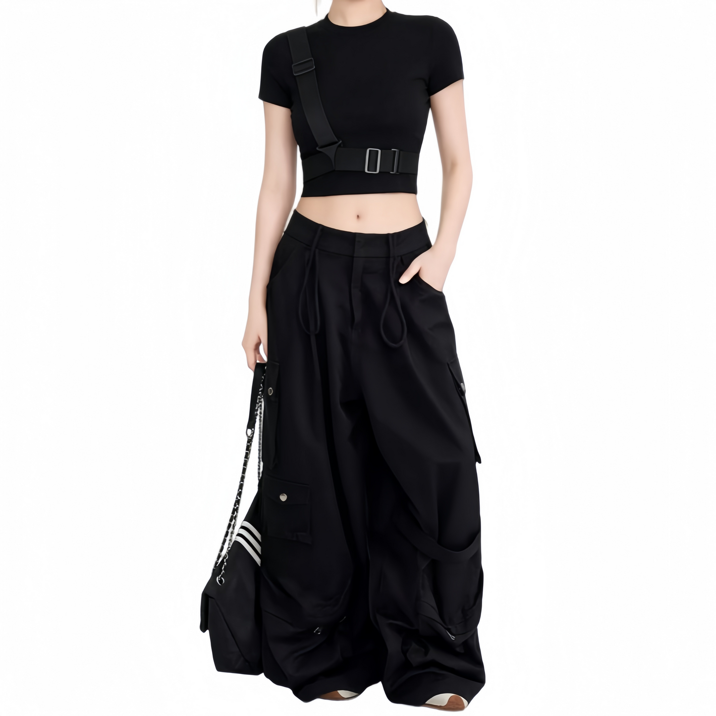 REINAREA | Women's Techwear Harness Crop Top | Cool Buckle Strap Short Sleeve Slim Fit Cropped T-Shirt | Edgy Streetwear Y2K Grunge Tee for Dance Club