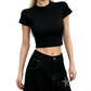 REINAREA | Women’s Slim Fit Mock Neck Crop Top | Basic Solid Color Short Sleeve T-Shirt | Sexy Cropped Dance Tee for Jazz Street Dance Daily Layering