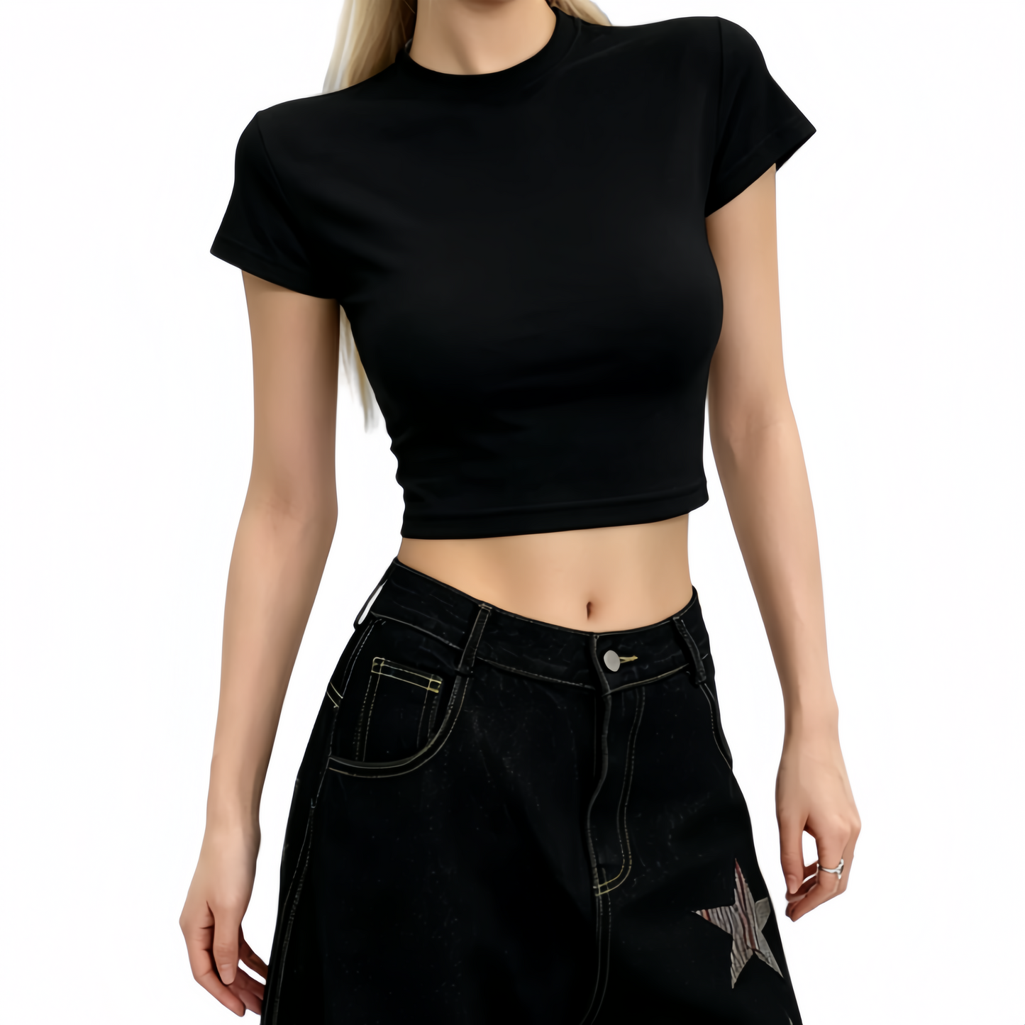 REINAREA | Women’s Slim Fit Mock Neck Crop Top | Basic Solid Color Short Sleeve T-Shirt | Sexy Cropped Dance Tee for Jazz Street Dance Daily Layering