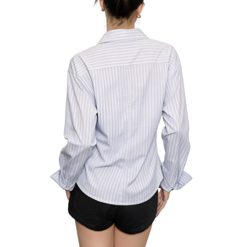 REINAREA | 2026 Fall New Women's Striped Wrap Shirt | Collared Long Sleeve Wrap Front Blouse | High Quality Slim Fit Color Contrast Stripe Casual Top