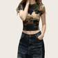 REINAREA | Women Vintage Cat Print Crop T-Shirt | Plus Size Slimming Fitted Short Sleeve Top | Y2K Hot Girl Crew Neck Cropped Tee