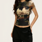 REINAREA | Women Vintage Cat Print Crop T-Shirt | Plus Size Slimming Fitted Short Sleeve Top | Y2K Hot Girl Crew Neck Cropped Tee
