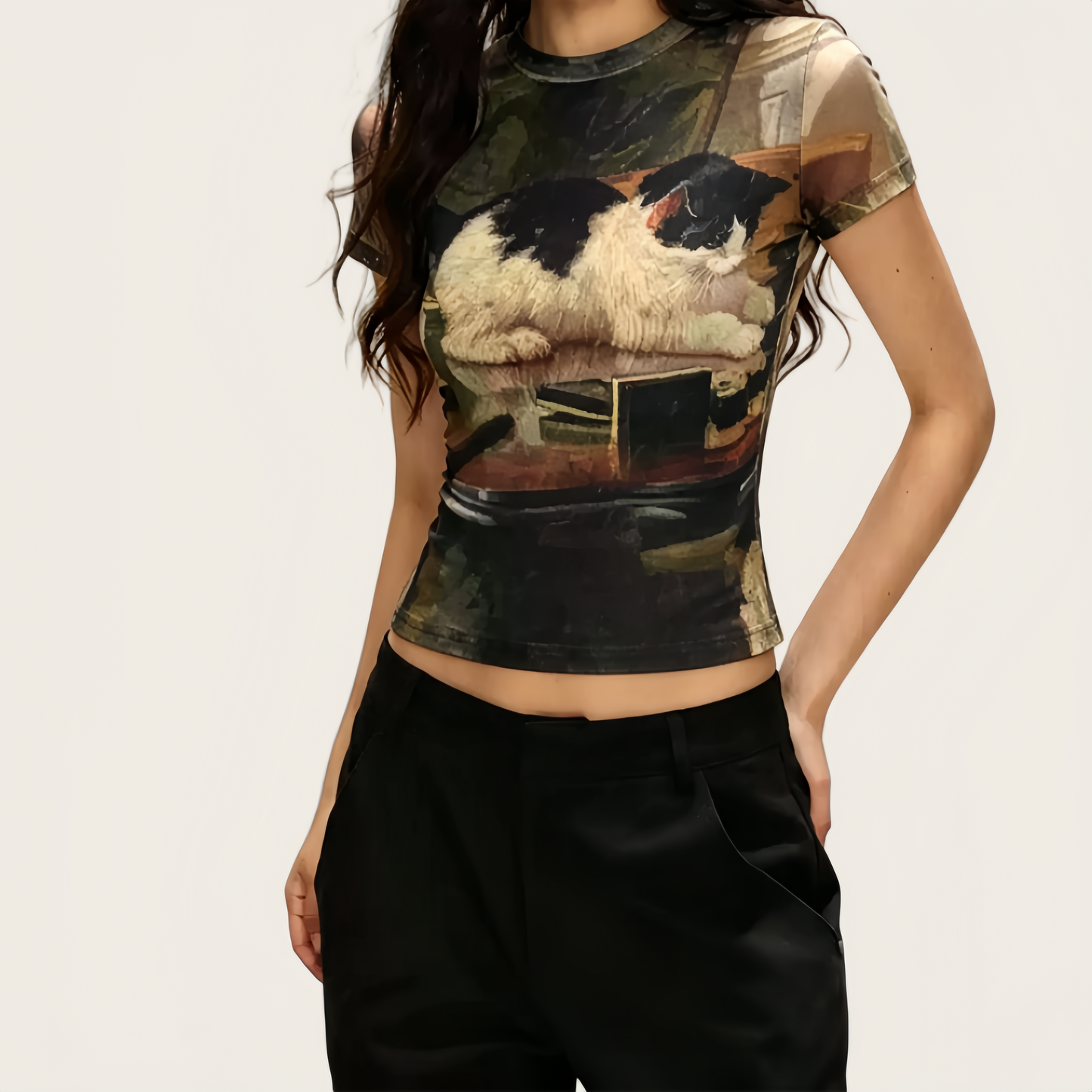 REINAREA | Women Vintage Cat Print Crop T-Shirt | Plus Size Slimming Fitted Short Sleeve Top | Y2K Hot Girl Crew Neck Cropped Tee