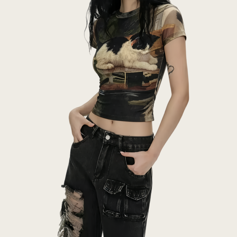 REINAREA | Women Vintage Cat Print Crop T-Shirt | Plus Size Slimming Fitted Short Sleeve Top | Y2K Hot Girl Crew Neck Cropped Tee