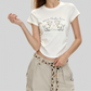 REINAREA | Women Cute Lamb Print Ruched Crop T-Shirt | Summer Casual Crew Neck Fitted Short Sleeve Curved Hem Top