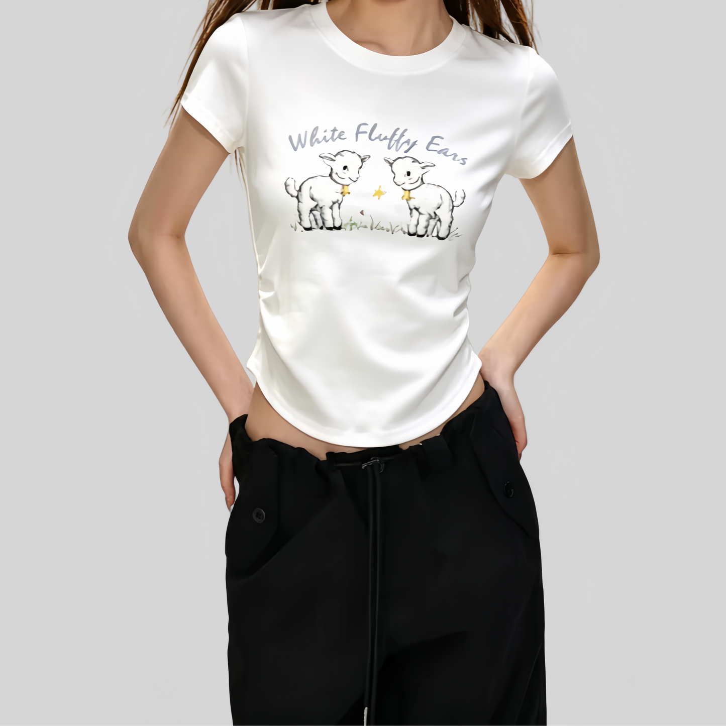 REINAREA | Women Cute Lamb Print Ruched Crop T-Shirt | Summer Casual Crew Neck Fitted Short Sleeve Curved Hem Top