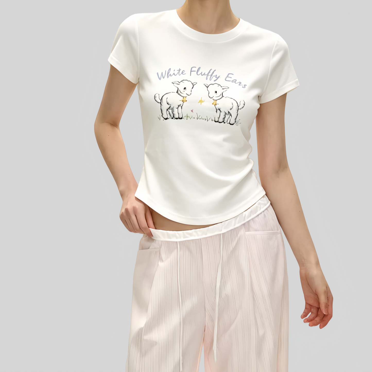 REINAREA | Women Cute Lamb Print Ruched Crop T-Shirt | Summer Casual Crew Neck Fitted Short Sleeve Curved Hem Top