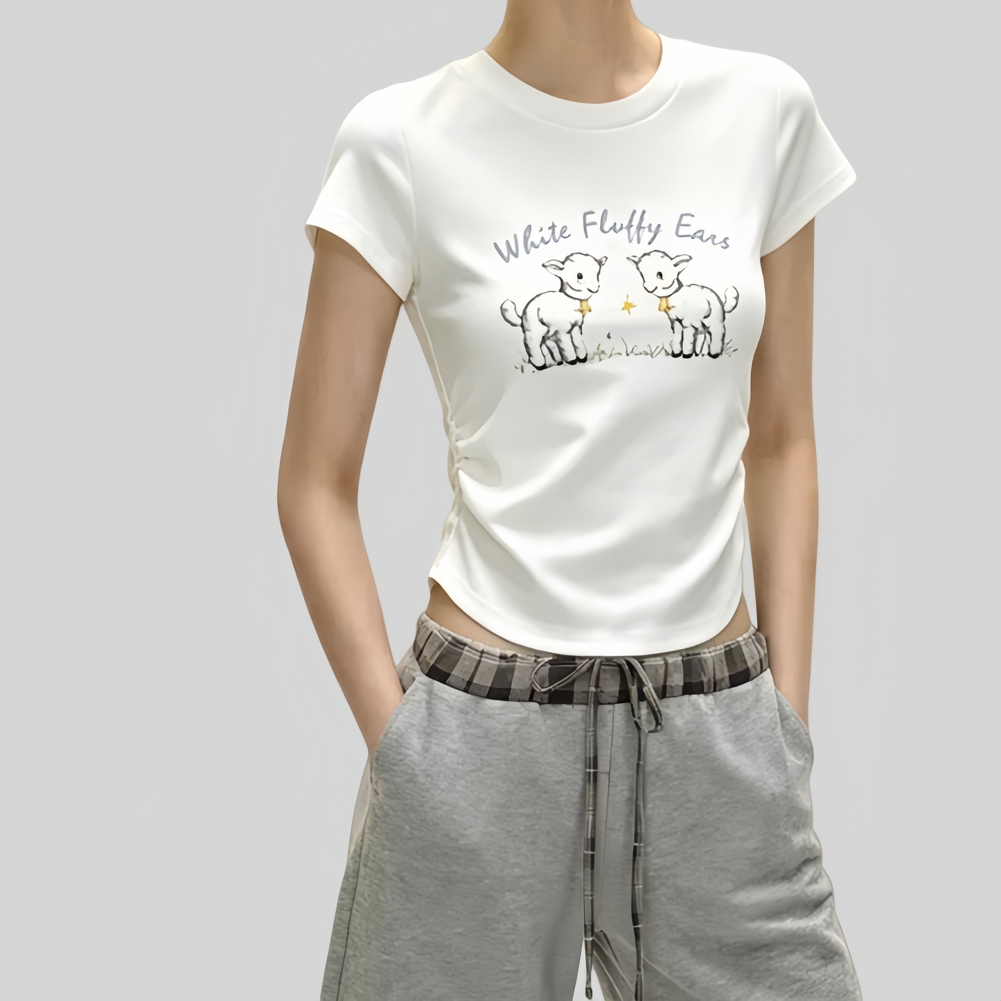 REINAREA | Women Cute Lamb Print Ruched Crop T-Shirt | Summer Casual Crew Neck Fitted Short Sleeve Curved Hem Top