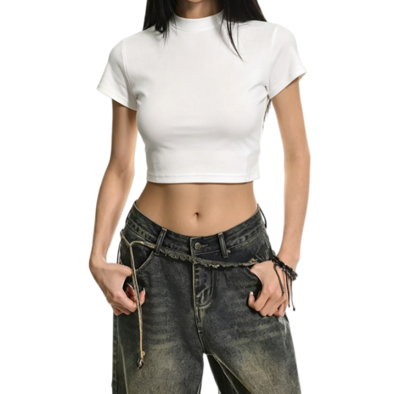 REINAREA | Women’s Slim Fit Mock Neck Crop Top | Basic Solid Color Short Sleeve T-Shirt | Sexy Cropped Dance Tee for Jazz Street Dance Daily Layering