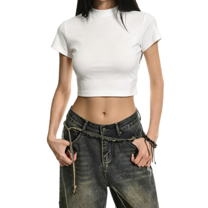 REINAREA | Women’s Slim Fit Mock Neck Crop Top | Basic Solid Color Short Sleeve T-Shirt | Sexy Cropped Dance Tee for Jazz Street Dance Daily Layering