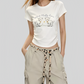 REINAREA | Women Cute Lamb Print Ruched Crop T-Shirt | Summer Casual Crew Neck Fitted Short Sleeve Curved Hem Top