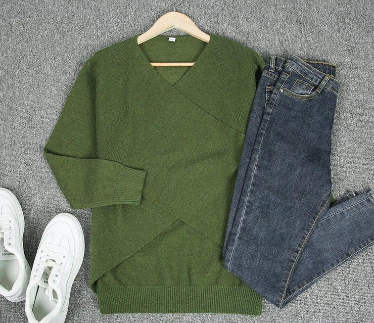 Olive Plunging V-Neck Sexy Sweater