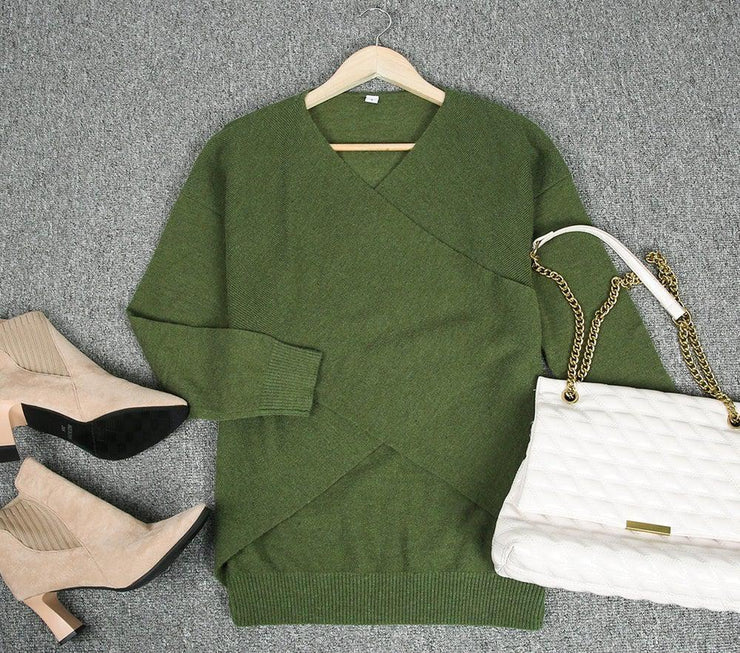 Olive Plunging V-Neck Sexy Sweater