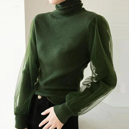 Green Turtleneck Double Layer Sheer Long Sleeves Sweater