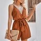 V-Neck Waist-Tie Belt Brown Playsuit