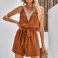 V-Neck Waist-Tie Belt Brown Playsuit
