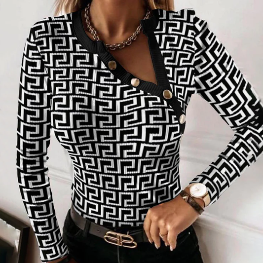 Geo Print Long Sleeve Button Decor Ribbed Top