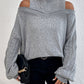 Gray Cold Shoulder Mock Neck Cable Knit Sweater