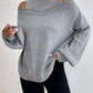 Gray Cold Shoulder Mock Neck Cable Knit Sweater