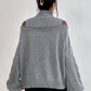 Gray Cold Shoulder Mock Neck Cable Knit Sweater