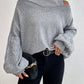 Gray Cold Shoulder Mock Neck Cable Knit Sweater