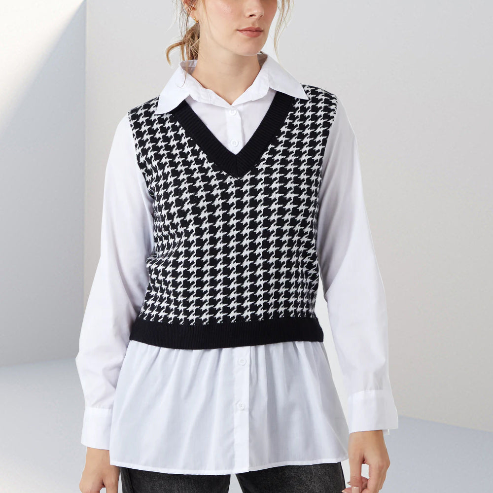 V-Neck Houndstooth Vest Without Undershirt