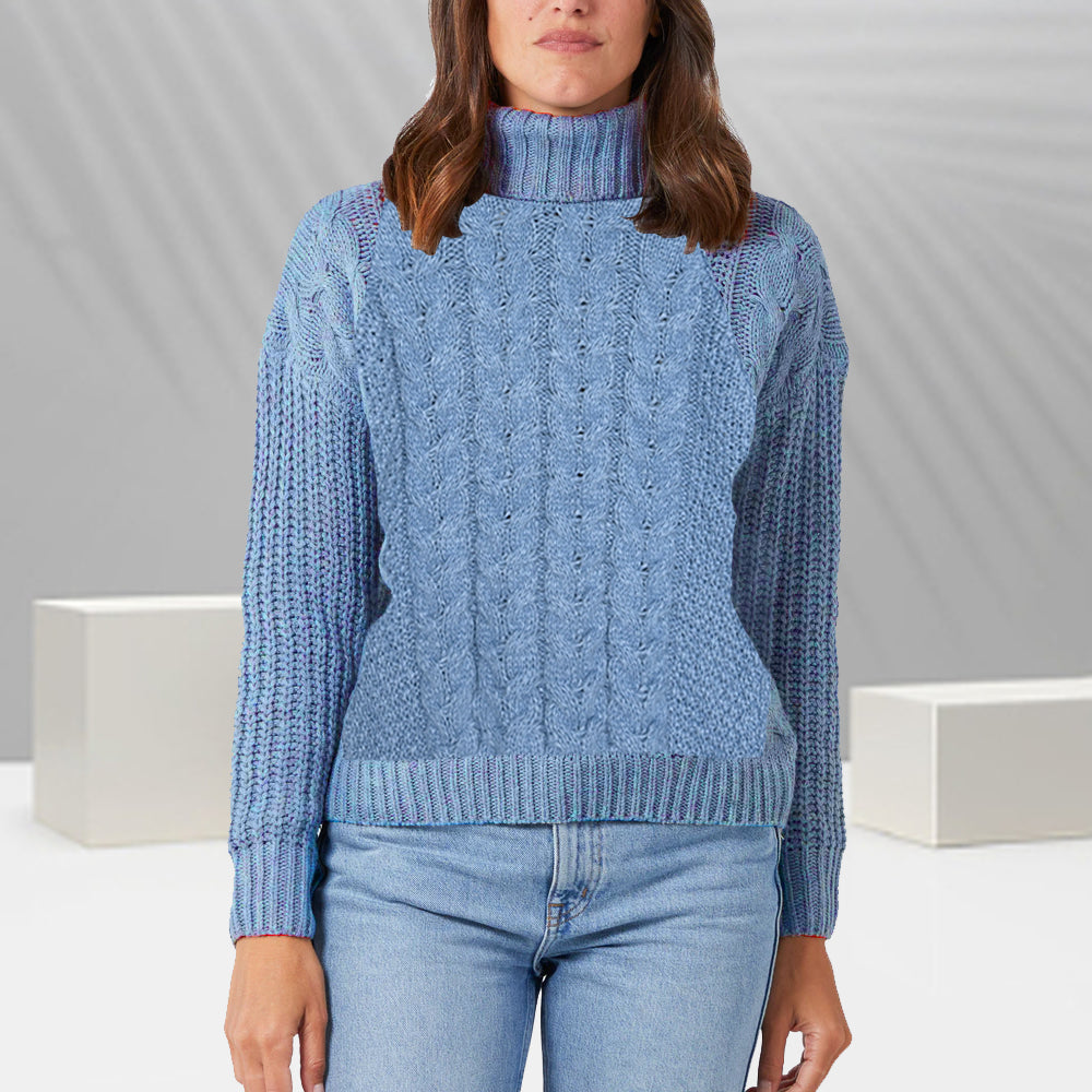 Roll neck cable knit jumper in blue