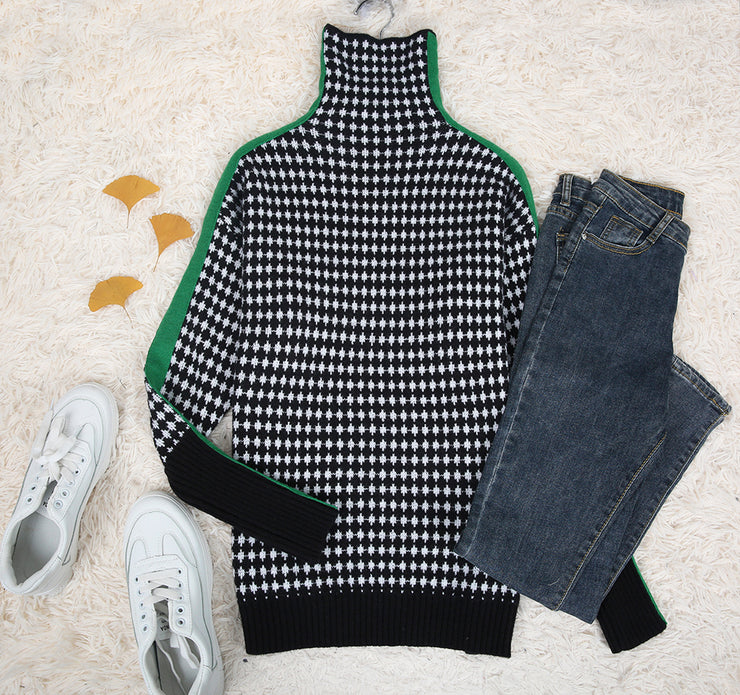 Green Stripe Black and White Diamond Print Sweater