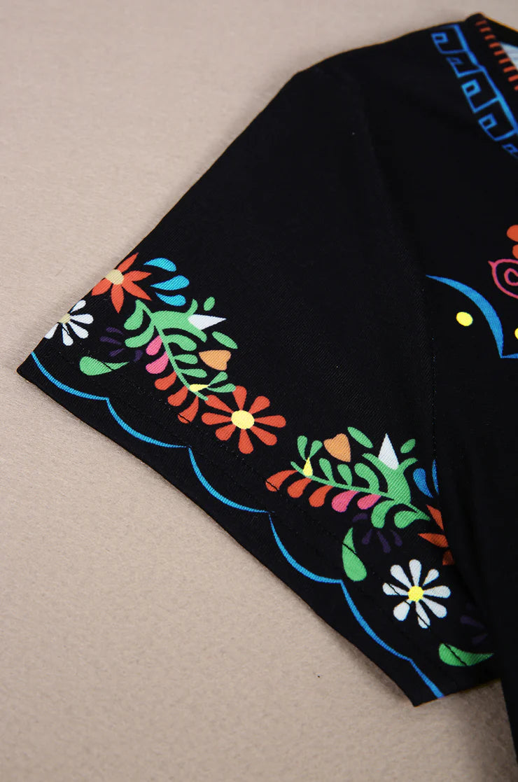 Colorful Floral Trim Black Mini Dress