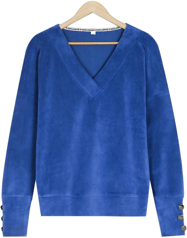 Royal Blue Gold Button V-Neck Top