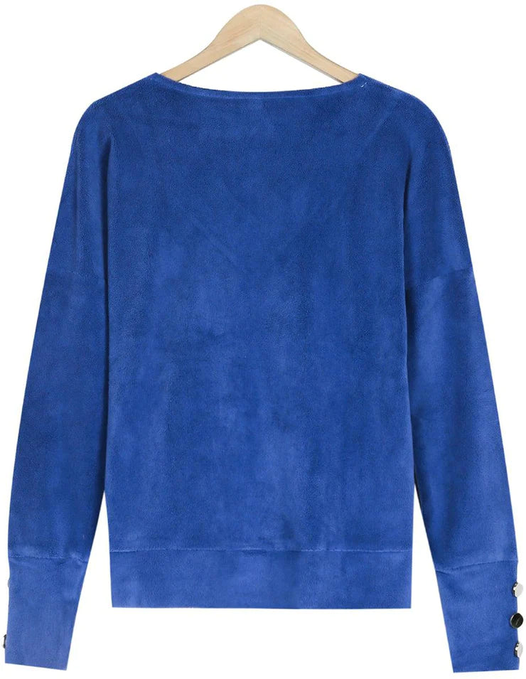 Royal Blue Gold Button V-Neck Top