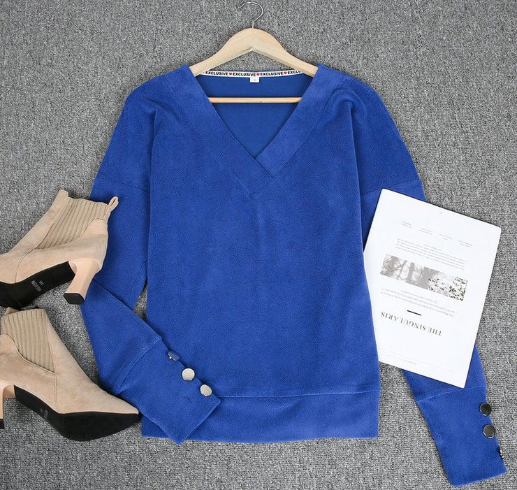 Royal Blue Gold Button V-Neck Top