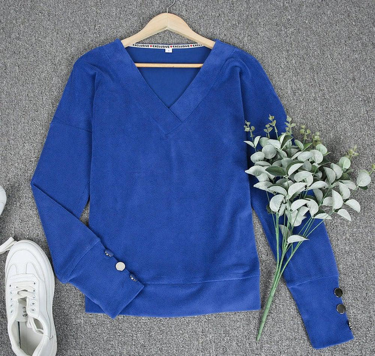 Royal Blue Gold Button V-Neck Top