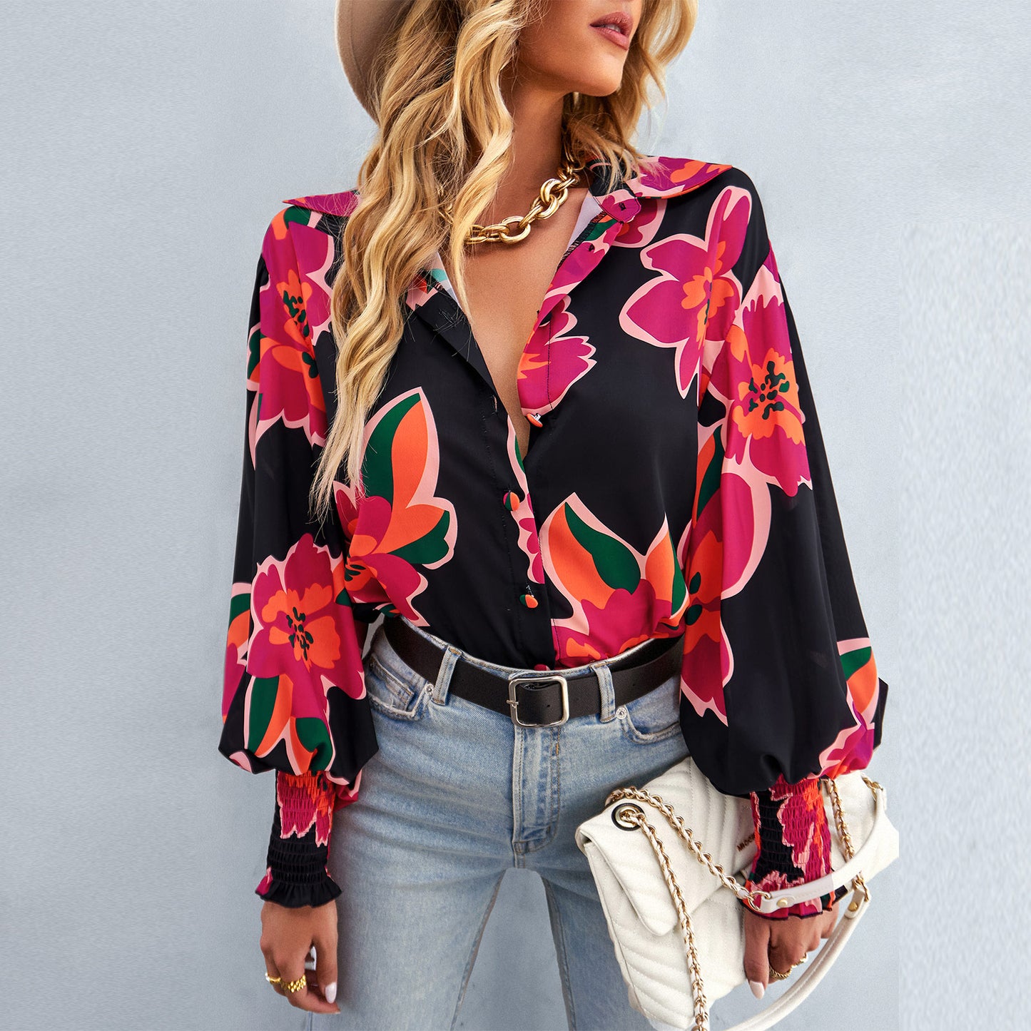 Printed Lantern Sleeve Curved Hem Shirt