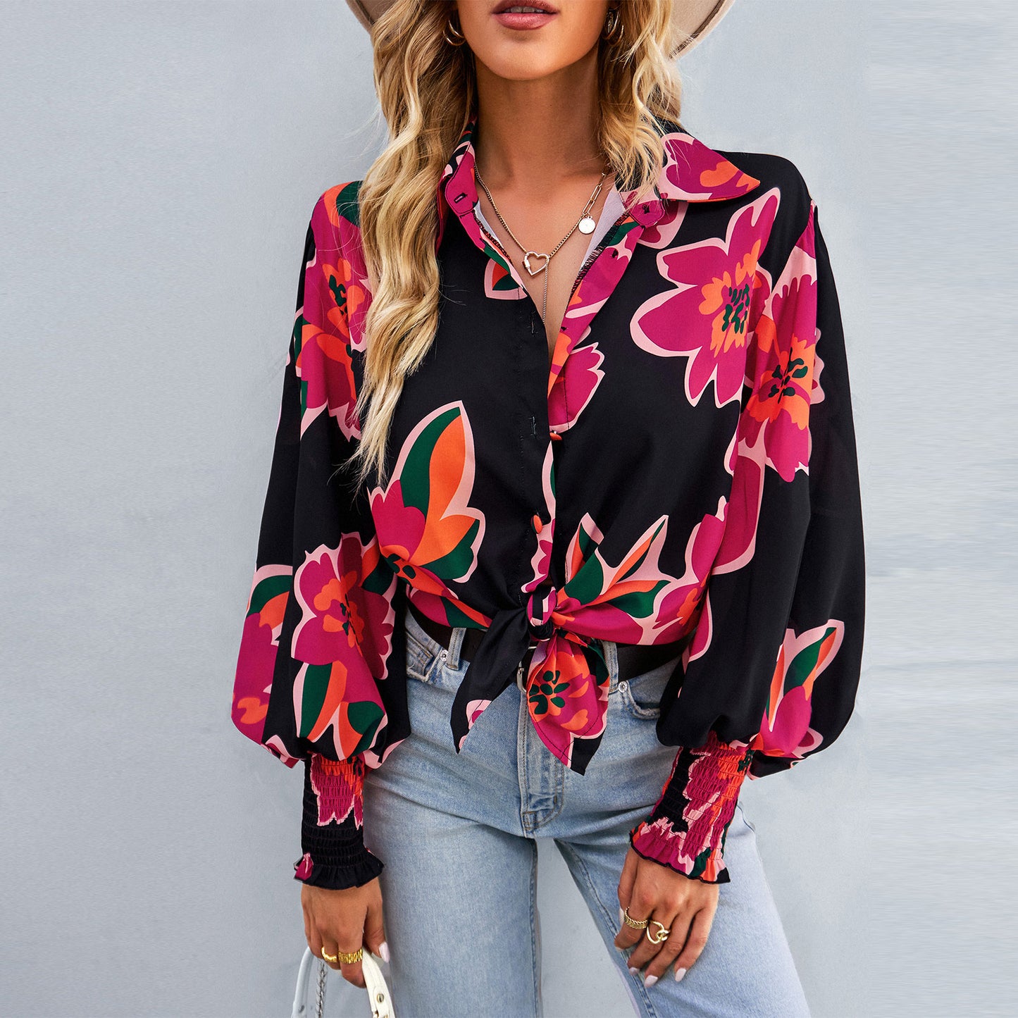 Printed Lantern Sleeve Curved Hem Shirt