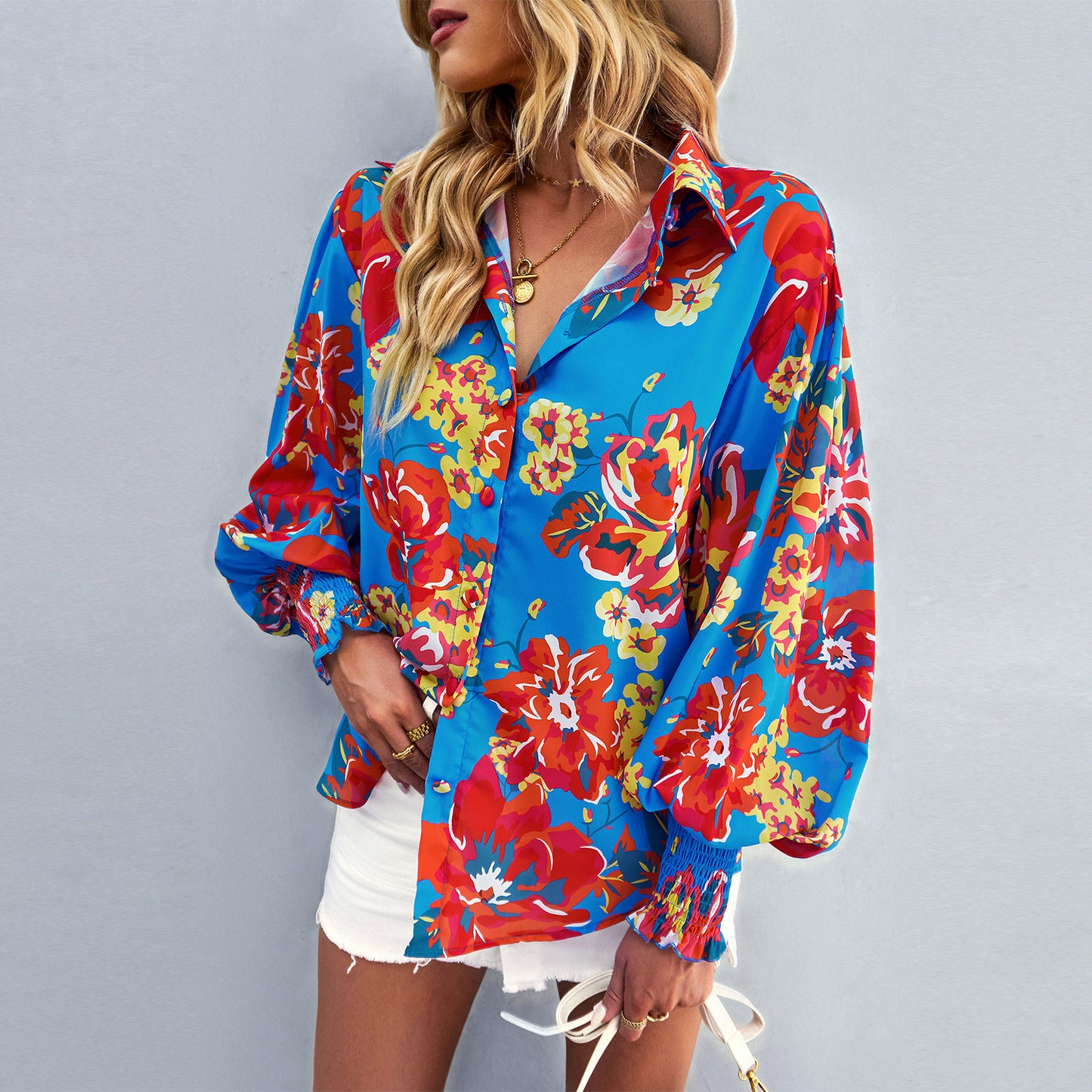 Printed Lantern Sleeve Curved Hem Shirt