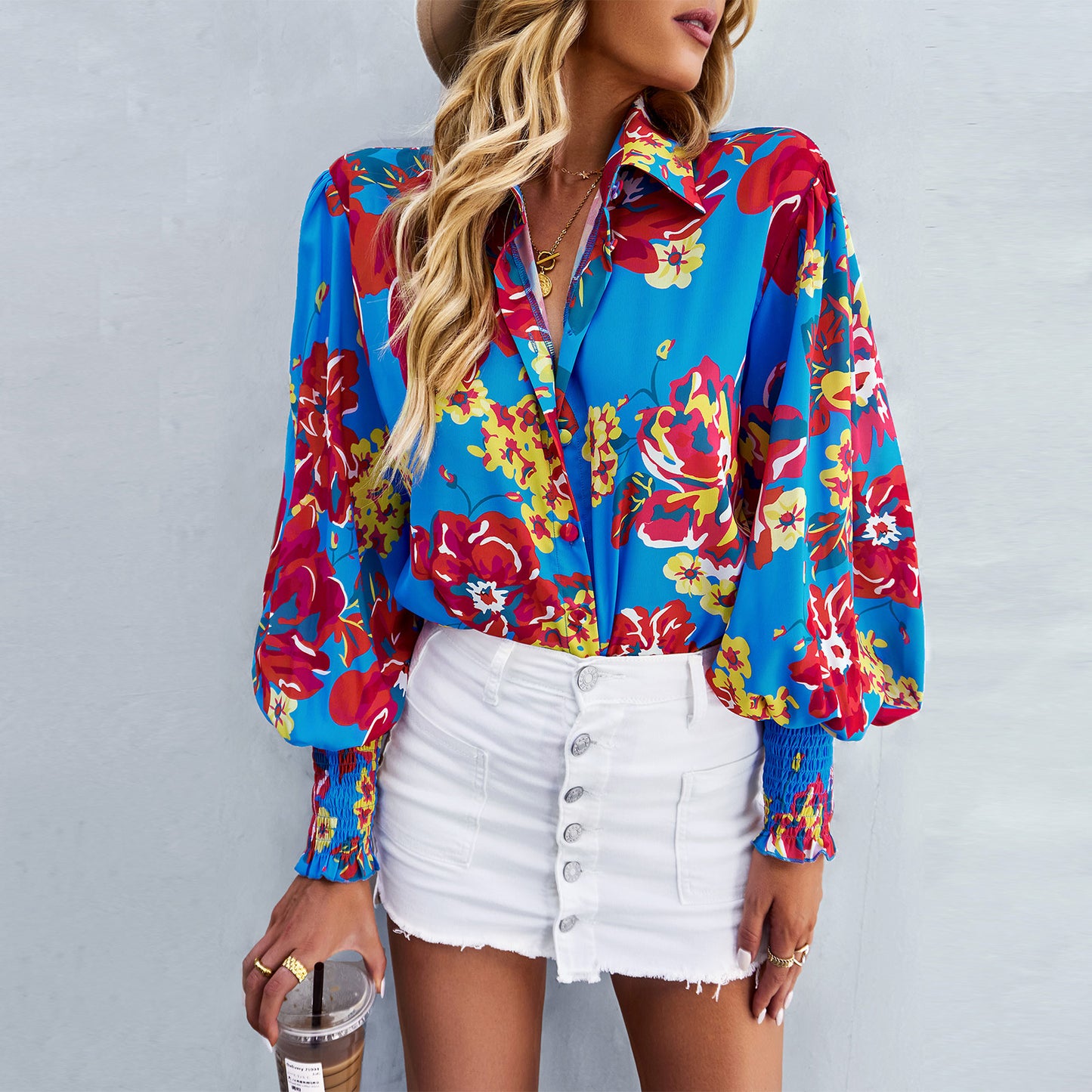 Printed Lantern Sleeve Curved Hem Shirt